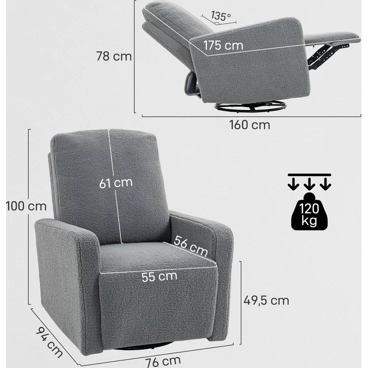 Wohnora-Recliner-Sessel, Entspannungssessel mit Fleece-Bezug, verstellbare Rückenlehne, Polstersessel, Stahl, Grau,H 1000cm x T 940cm x B 760cm – Bild 4