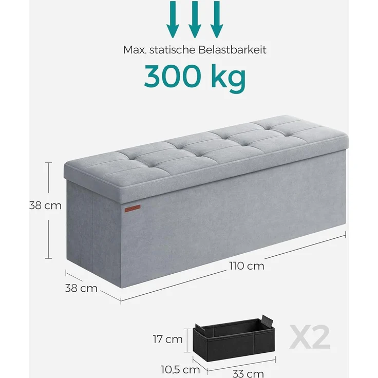 Songmics Sitzhocker mit Stauraum, klappbare Sitzbank, 38 x 110 x 38 cm Fußbank, Aufbewahrungsbox, bis 300 kg belastbar, für Wohnzimmer Schlafzimmer Flur, Taubengrau LSF277G02 – Bild 3