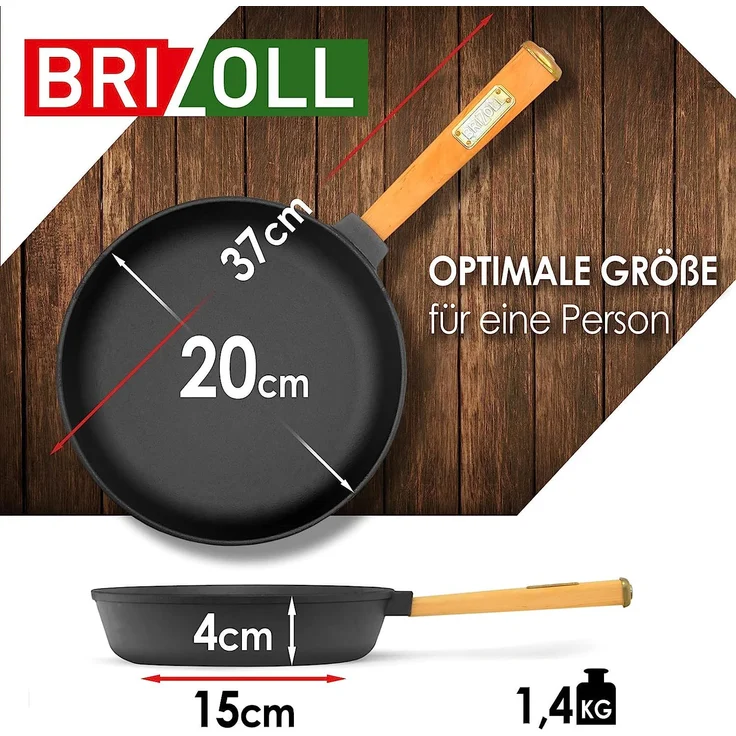 Gusseisenpfanne 20cm Gußeisenpfanne 39mm hoch mit Holzgriff Pfanne aus Gusseisen – Bild 2
