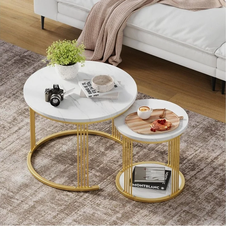 Dripex Couchtisch Couchtisch Set 2er rund, Marmor-Metall, Nesting mit Stauraum, Weiß – Bild 2