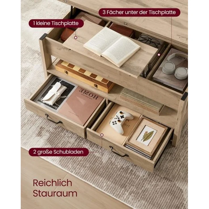 VASAGLE Couchtisch, Wohnzimmertisch, Gaszylinder, höhenverstellbar, viel Stauraum, Kaffeetisch, für Wohnzimmer, braun – Bild 5