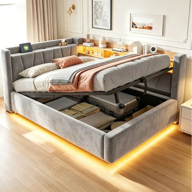 Schlafsofa Samt mit Stauraum, USB-Anschluss & LED, 140x200 cm, Grau, ohne Matratze