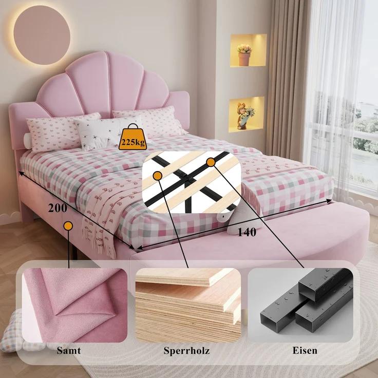 Merax Polsterbett, 140x200cm Doppelbett Samtkopfteil, Mit einer Bettbank in gleicher Farbe, Weiche Antikollisions-Schwammkante, Stabiler Bettrahmen, Rosa – Bild 5