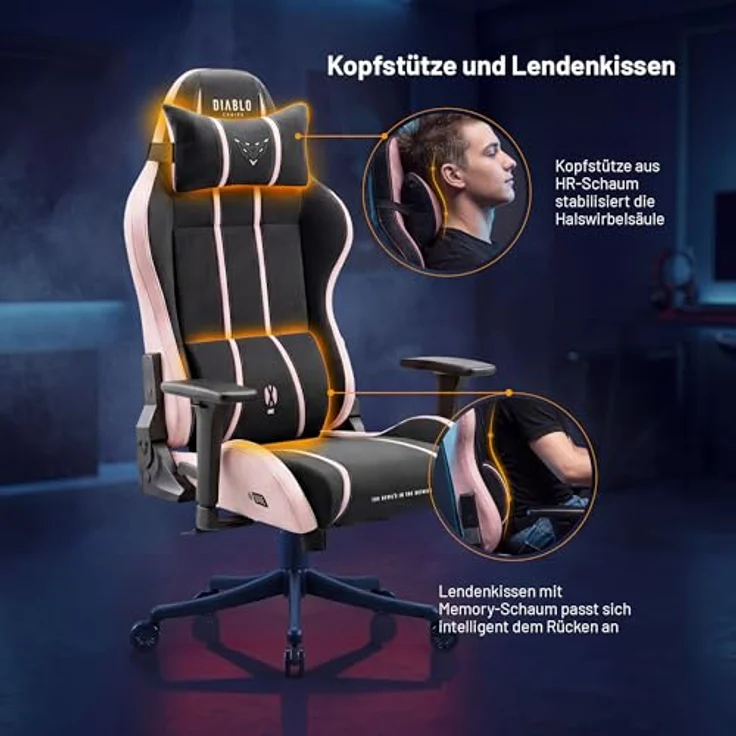 Diablo Gaming Stuhl ergonomisch Stoff Kinder Jugend Drehstuhl mit Lendenkissen Kopfstütze 3D Armlehnen verstellbar bis 140 Grad Bürostuhl klein Akira Pink – Bild 10