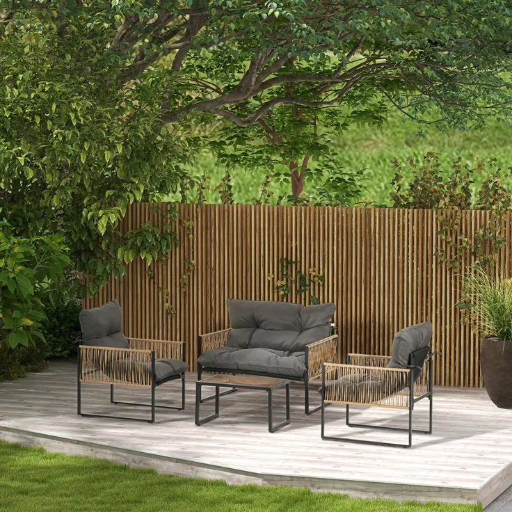 Couchtisch mit Gartensitzgruppe, 41,5x65x36 cm, Dunkelgrau, Polyrattan und Glas