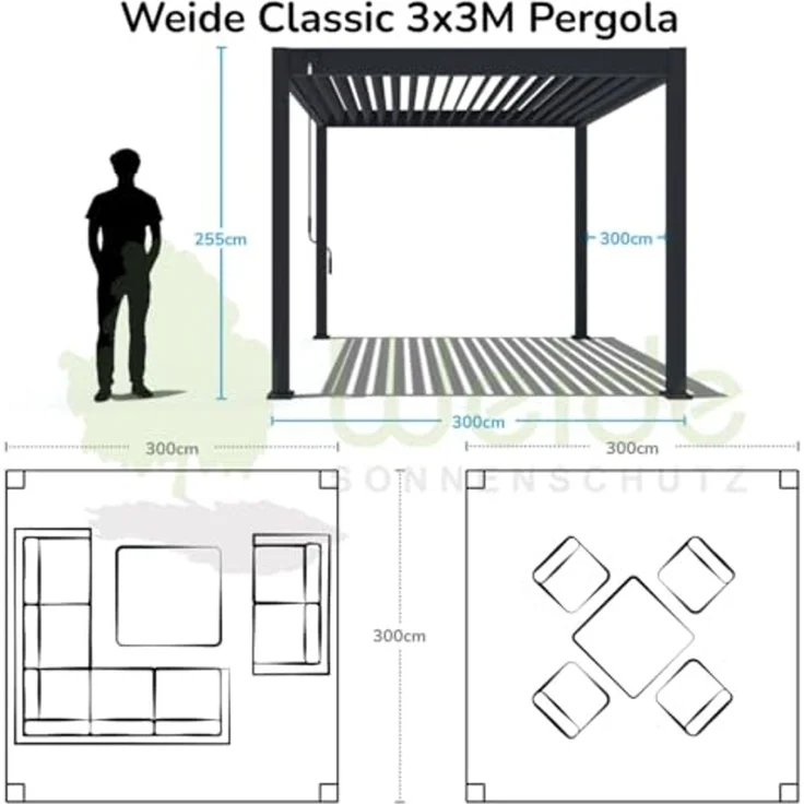 Weide Classic | Aluminium Pavillon | 3x3 M | Lamellendach weiß | Pergola freistehend – Bild 5