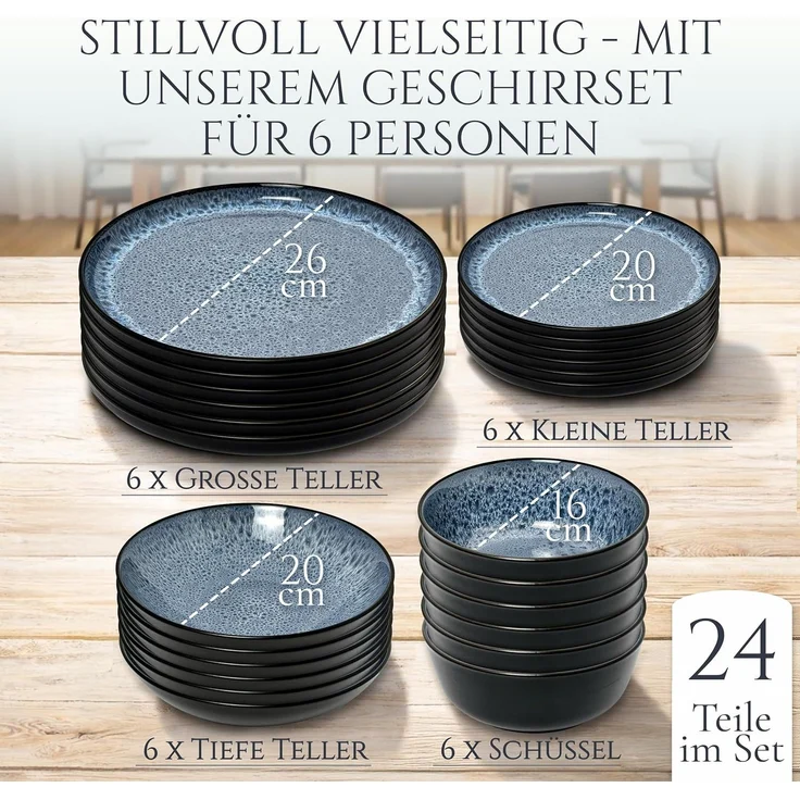Steingut Geschirrset 6 Pers. Ibiza 24-tlg Hochwertiges Mediterranes TEST SEHR GUT Steingut Geschirr Set - Schüssel- und Teller Set - Tafelservice 6 Personen Geschirrsets Pure Living in Rauchblau – Bild 5