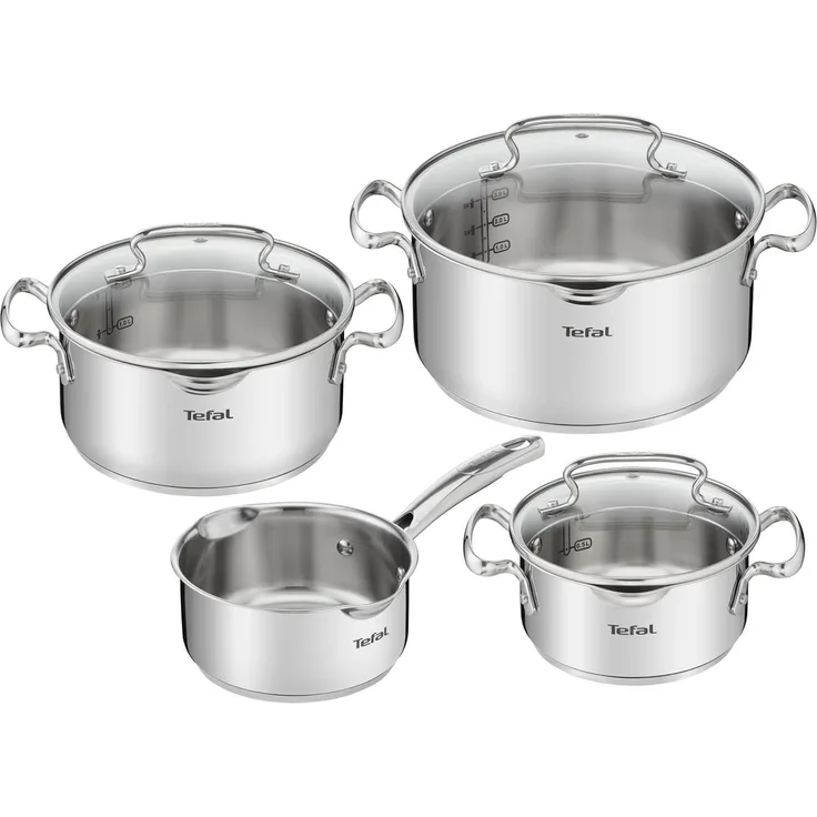 Tefal Topf-Set Duetto+ G719S7, Edelstahl 18/10 (Set, 7-tlg, Kochtopf mit Glasdeckel 16/20/24 cm, Stielkasserolle 16 cm), hochwertiger Edelstahl, hochglanzpoliert, Glasdeckel mit Siebfunktion