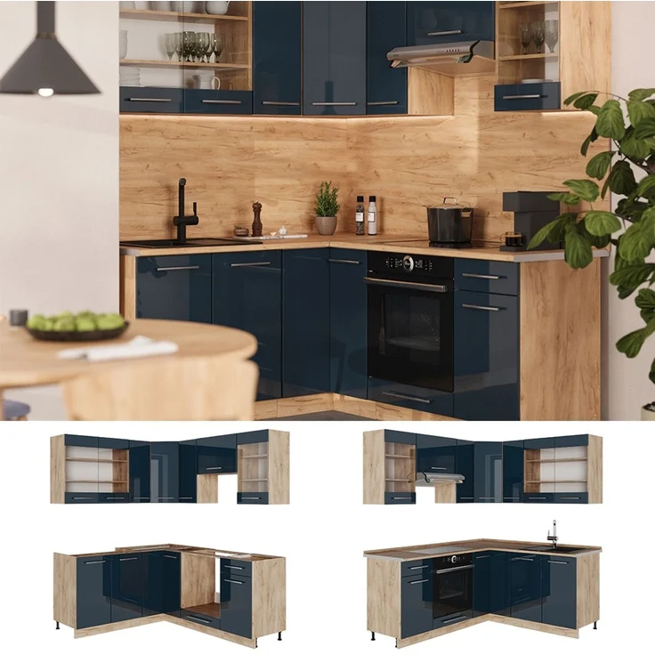 Küchenzeile Fame-Line Dunkelblau Hochglanz/Goldkraft Eiche 190 x 160 cm, AP Eiche Vicco – Bild 2