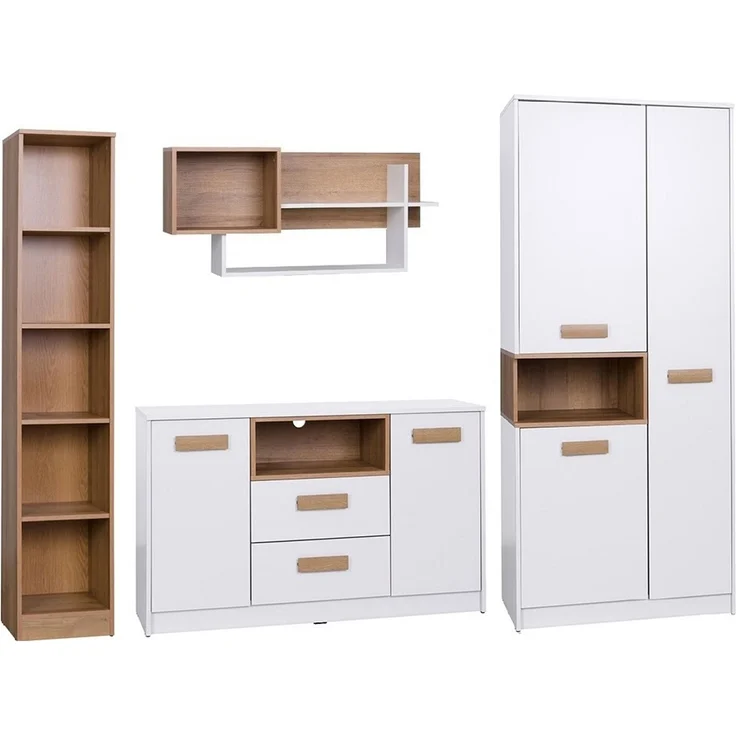 Marmex Möbel Grant Set-E Jugendzimmer Komplett-Set 4-teilig mit Kleiderschrank, Kommode, Wandregal, offenes Regal, Kinderzimmermöbel, laminierte Spanplatte, weiß+riviera Eiche, 246,5x195x55 cm – Bild 6