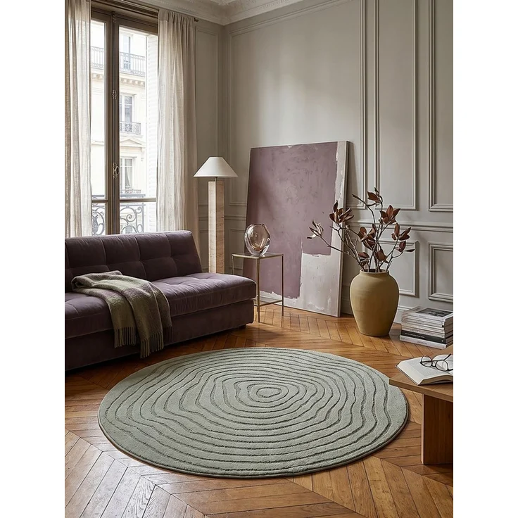 KADIMA DESIGN Teppich CETINA Rundteppich Grün 120x120 Gestreift Polypropylen-Polyester, Rund, Höhe: 16 mm, Fußbodenheizung-geeignet, Farbecht, Pflegeleicht, Strapazierfähig – Bild 1