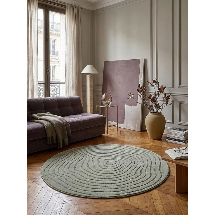 KADIMA DESIGN Teppich CETINA Rundteppich Grün 120x120 Gestreift Polypropylen-Polyester, Rund, Höhe: 16 mm, Fußbodenheizung-geeignet, Farbecht, Pflegeleicht, Strapazierfähig