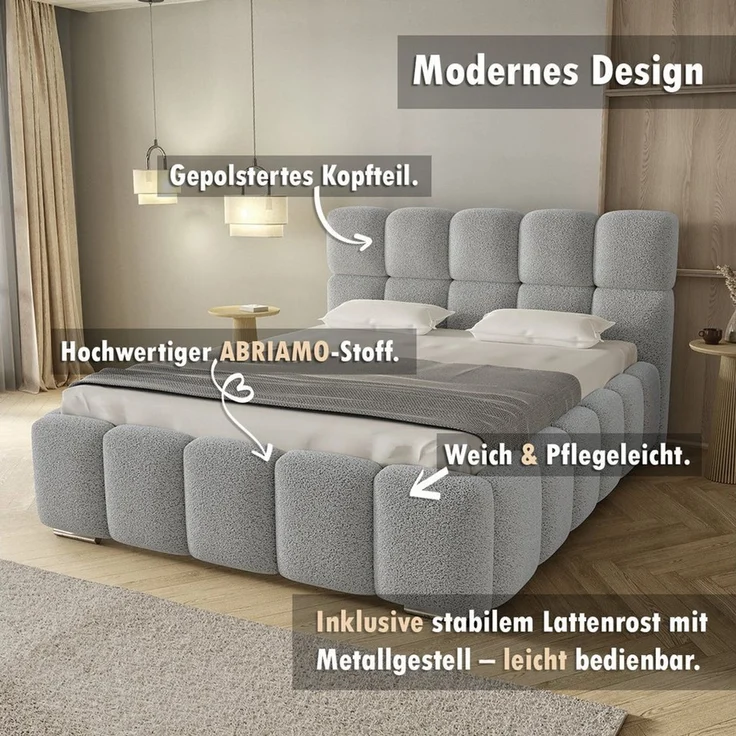 thematys Polsterbett mit Bettkasten & Lattenrost – Stauraumbett 160x200cm, mit 19 cm 7-Zonen-Wende-Taschenfederkern H3/H4 mit Kokos, Hellgrau – Bild 2