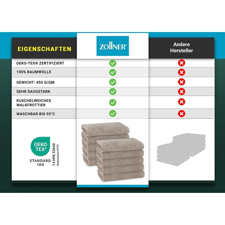 ZOLLNER 10er Set Handtücher, 100% Baumwolle, 50x100 cm, fango – Bild 6