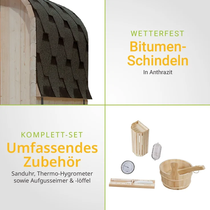 Artsauna Fasssauna Nolvik S, Outdoor-Sauna aus Fichtenholz, 3,6 kW Ofen, LED, Komplettset mit Sanduhr, Eimer & Thermometer, winterfest, Cube Design – Bild 6