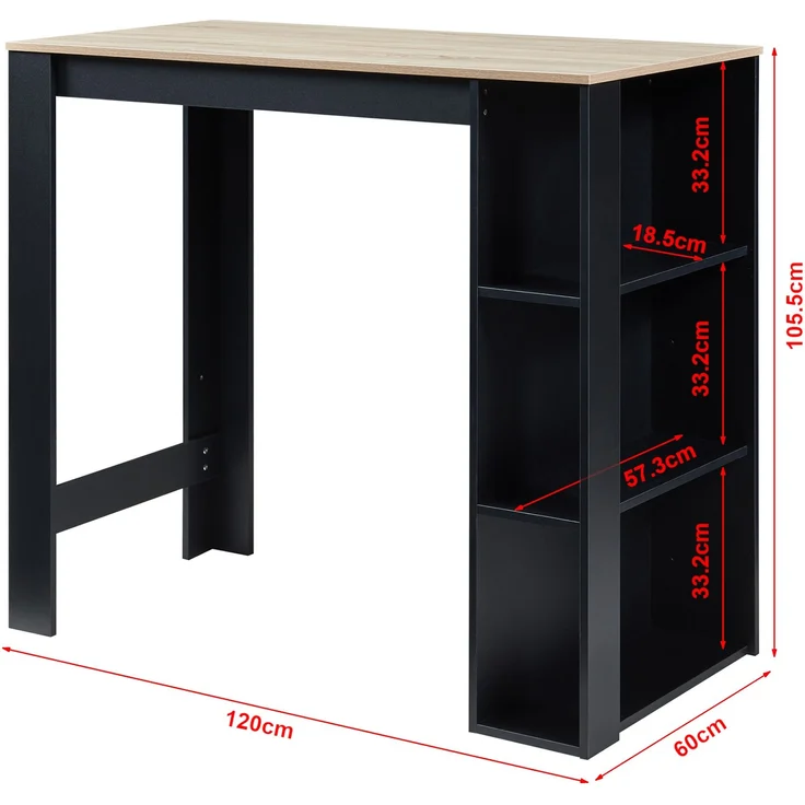 Bartisch Danderyd 120x60x106 cm mit 3 Ablagefächern Schwarz/Eicheoptik [en. casa] – Bild 3