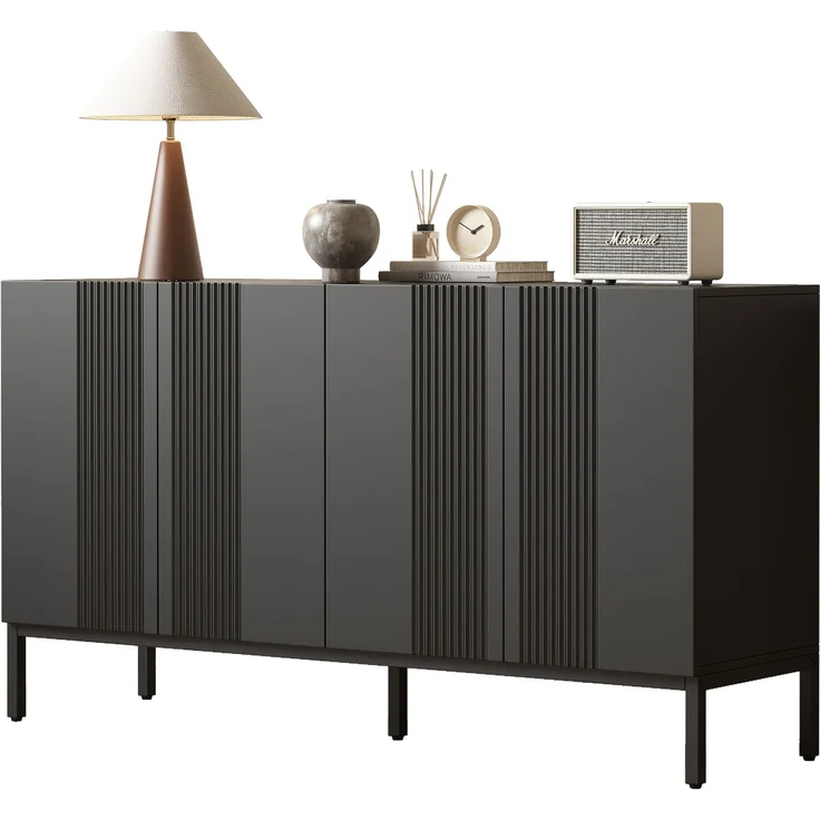 Merax Modernes Sideboard, Kommode, mit einzigartiger Linie, 4-türig, grifflose Tür, für Esszimmer, Wohnzimmer und Küche (Schwarz) – Bild 10