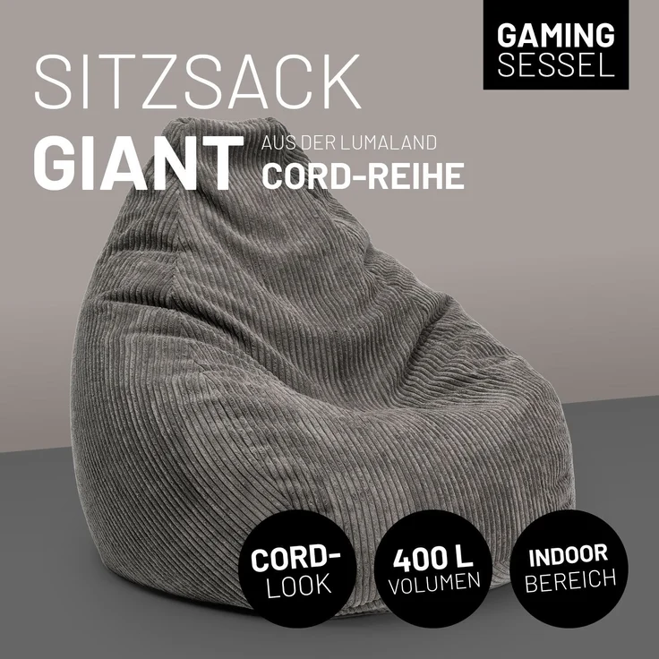 Lumaland Sitzsack GIANT Cord Sitzsack Stabile Lehne ideal fürs Gaming, verdeckter Reißverschluss, trendig & Gemütlichkeit vereint – Bild 3