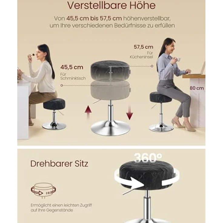 VASAGLE Schminkhocker 2er Set, Schminkstuhl, Sitzhocker, höhenverstellbar, 360° drehbar, PU, Dicke Polsterung, für Schlafzimmer, Küche, Esszimmer, modern, tintenschwarz ZH2504014 – Bild 6