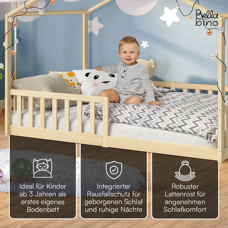 Bellabino 'Bia' Hausbett 120x200 cm mit Matratze, natur, Kiefer Massivholz, Bodenbett in Hausoptik, Montessori Kinderbett mit Rausfallschutz und Lattenrost – Bild 3