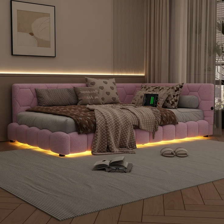 Schlafsofa mit Bettfunktion und Lattenrost, 90x200 cm, Polsterbett, Einzelbett, Jugendbett, Bezug aus Vlies – Bild 3