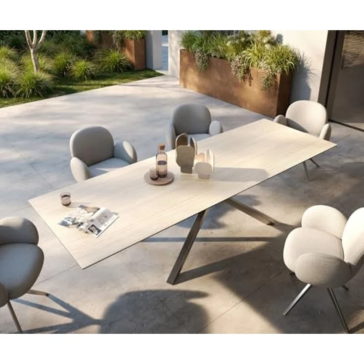 Outdoortisch Edge 300x100 cm Keramik Laminam® Travertino Bianco Creme-Weiß Kreuzgestell Rechteck Edelstahl – Bild 6