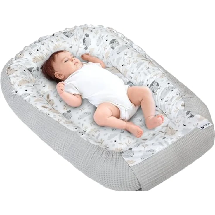 Medi Partners Babynest Kuschelnest Babynestchen 100% Baumwolle Waffle Nestchen Reisebett für Babys Säuglinge 100 x 60 x 15 cm Sicherer Verschluss (Lichtung mit Grauer Waffle) – Bild 2