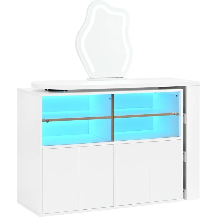 Drehbarer Schminktisch mit LED-Spiegel & Stauraum, 177x40x131,5 cm, Weiß – Bild 4