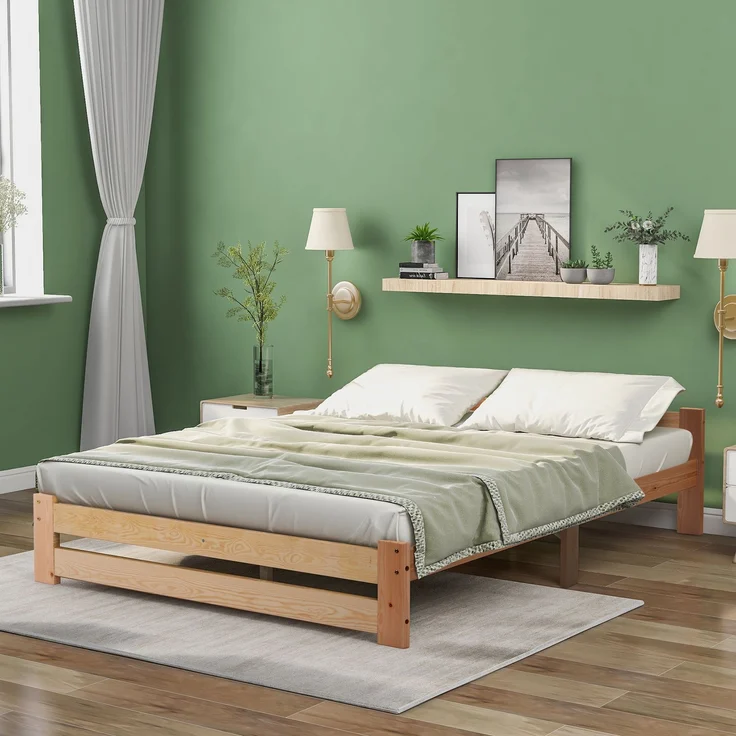 Solide Massivholzbett Futonbett Massivholz Natur Bett aus mit Kopfteil und Lattenrost , Natur (200x140cm) – Bild 3