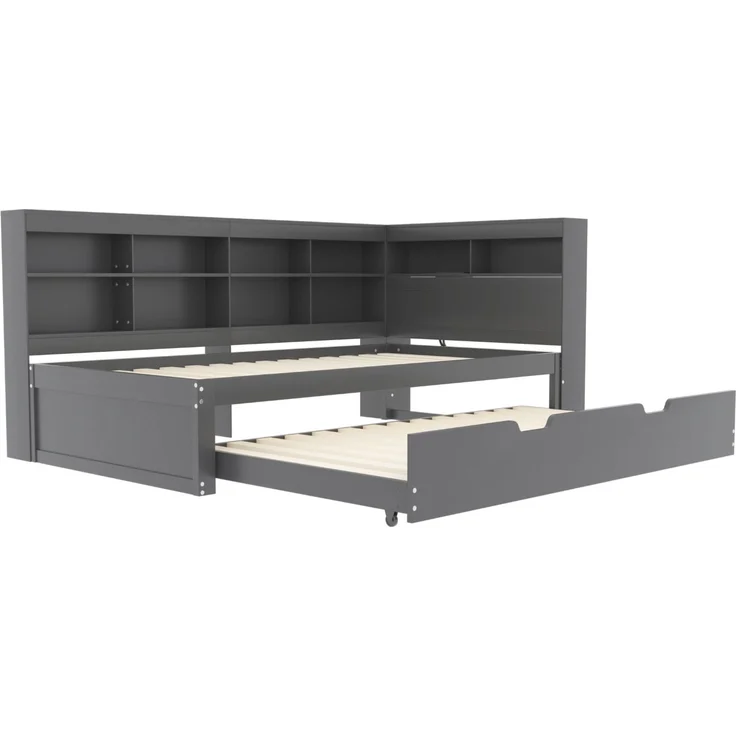 CHICFURN Ausziehbett aus Holz Grau 90x200 cm mit Auszug 90x190 cm, USB-Anschluss und Stauraum – Bild 6