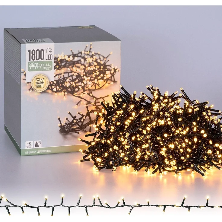 ECD Germany LED Cluster Lichterkette 1800 LED 36m Extra Warmweiß mit 8 Programmen, Clusterlichterkette Büschellichterkette Weihnachtsbaum Weihnachtsbeleuchtung Deko Weihnachten, IP44 Innen & Außen – Bild 1