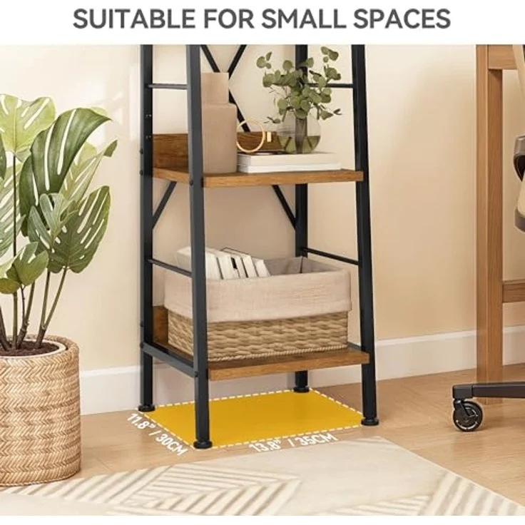 DWVO Schmales hohes Bücherregal 5 Etagen, Industrielles Leiterregal, Bücherregal, Holzregale und Metall, schmal, dünn, Bücherregal, modernes Regal für Wohnzimmer, Flur, Büro, Rustikales Braun – Bild 5