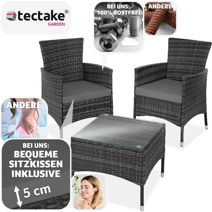 tectake Sitzgruppe Rattanset, (Set, 5-tlg), für 2 Personen – Bild 2