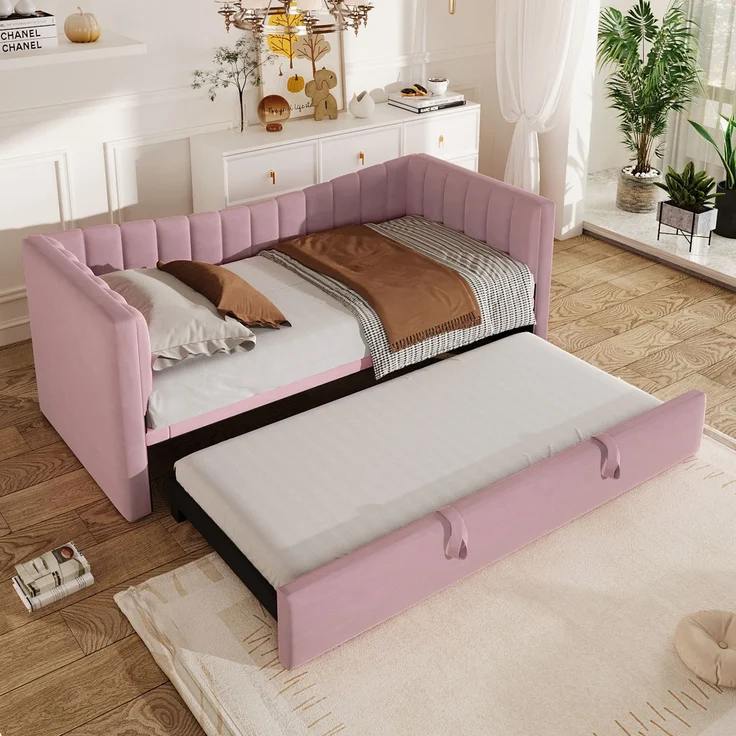 Polsterbett 90x200cm ausziehbar 180x200 cm,Samt Daybett mit ausziehbarem Rollbett, multifunktionales Gästebett in Rosa – Bild 1