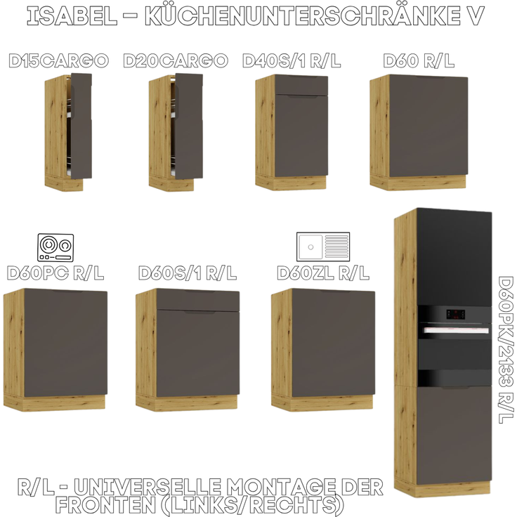 Küchenunterschrank 60 cm - Eiche Artisan und Hellgrau - Universelle Frontmontage - ohne Arbeitsplatte - Unterschrank für die Spüle – Bild 2