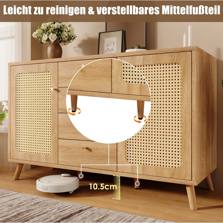 DESVIAE Sideboard mit 4 Schubladen und 2 Türen 140x86x40 cm aus Spanplatte und MDF, helle Eiche – Bild 4