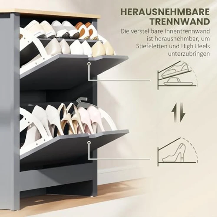 HOMCOM Schuhkipper verstellbar Schuhregal für 12 Paar Schuhe, Dunkelgrau, 72 x 26 x 80 cm, klappbare Schubladen, ideal für kleine Räume – Bild 6