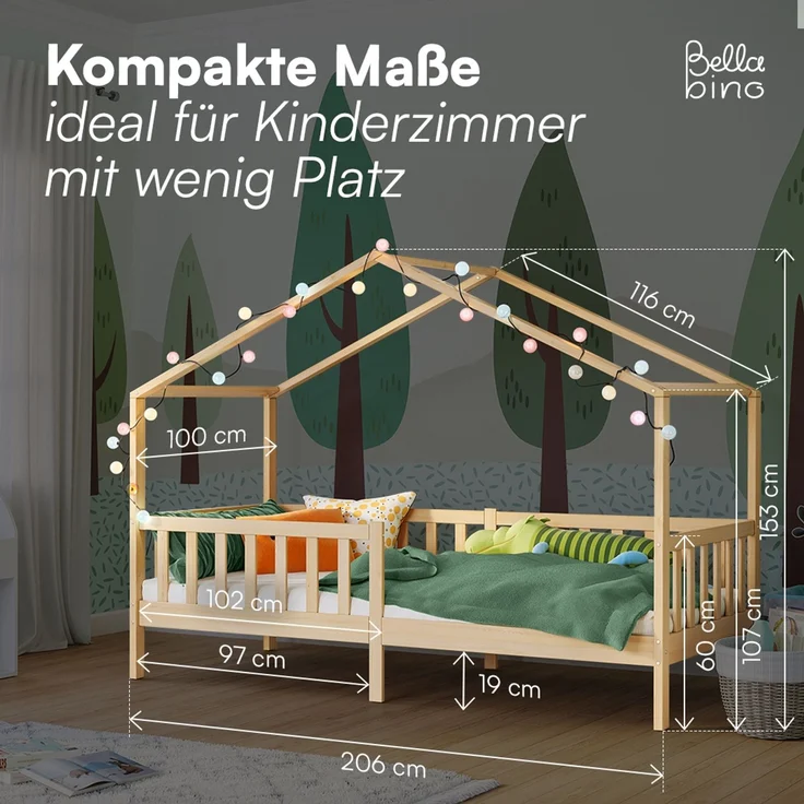 Bellabino 'Bia' Hausbett 90x200 cm, natur, Kiefer Massivholz, Montessori Kinderbett mit Rausfallschutz und Lattenrost – Bild 8