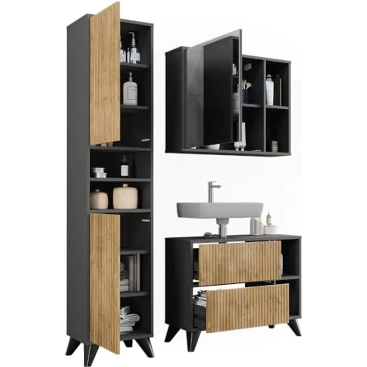 Vichy Badmöbel-Set Leano, 3-teilig, Anthrazit/Bergeiche, mit Waschbeckenunterschrank und Spiegelschrank, 80 cm – Bild 7