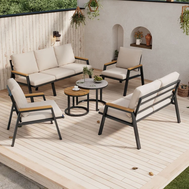 Merax Gartenlounge-Set, Gartenmöbel-Set mit bequemen Kissen, mit 2 Couchtische, Marmor lackierte Glasplatte und Kunststoff-Holzplatte, graubeige – Bild 1
