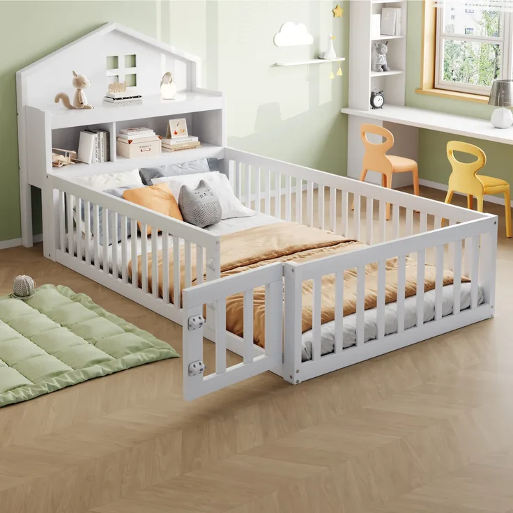 Kinderbett 90 x 200, Massivholz-Kinderbettrahmen, Hausleiste, mit Einlegeböden und Stauraum, mit Schutzgitter und Tür, mit Bilderleiste, mit Lattenrost, Weiß