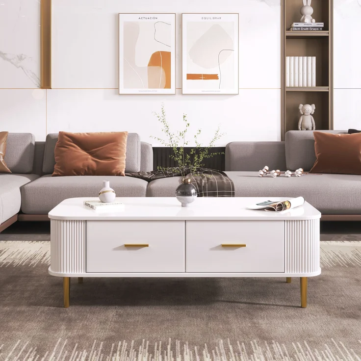 Couchtisch MDF mit 4 Schubladen & abgerundeten Kanten, 105x51x38 cm, Weiß – Bild 8