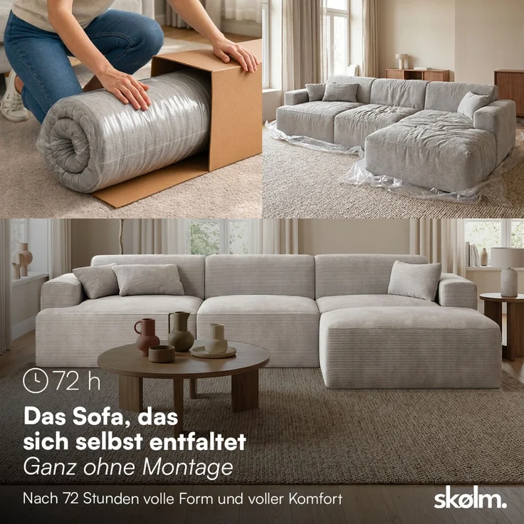 skølm 'Freki' Cloud Sofa 4 Sitzer mit Hocker, Vollschaumcouch mit Federkern und Vakuum-Kompression, kein Aufbau erforderlich, mit 3 Kissen, Cord grau – Bild 3