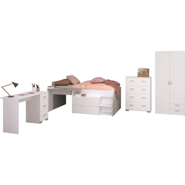 Jugendzimmer-Set >Milky 11< 4-teilig, Bett, Kleiderschrank, Kommode, Schreibtisch, in Weiss / Grey – Bild 5