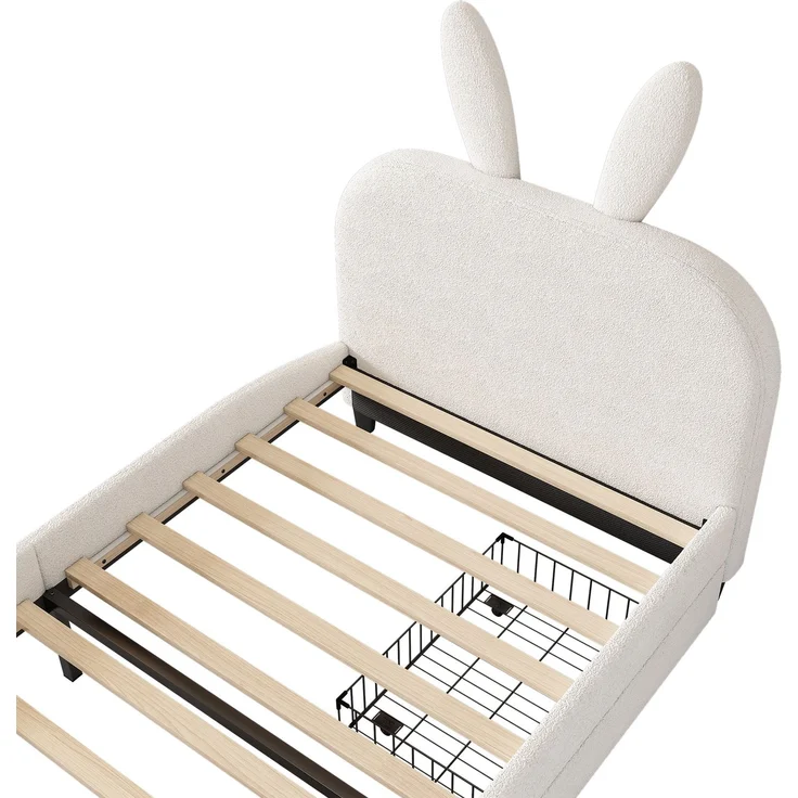 Kinderbett 90x200 Weiß mit Kaninchen-Kopfteil und 2 Schubladen,Gepolstertes Bett aus Lammwolle und MDF, Cartoon Bunny Design – Bild 10