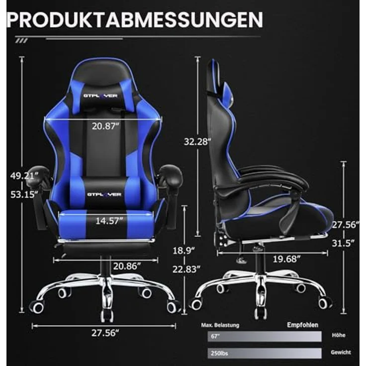 GTPLAYER Bürostuhl Gaming Stuhl Gaming Sessel Ergonomischer Gamer Stuhl mit Fußstütze, Kopfstütze Lendenkissen, Gepolstert Gaming Chair, Drehsessel Blau – Bild 4