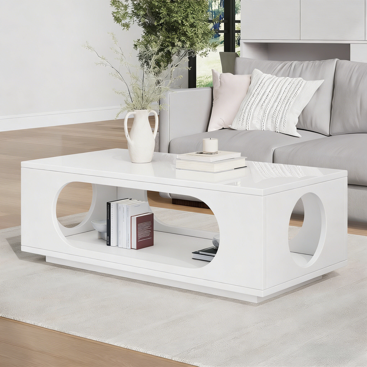 Couchtisch 100 x 50 x 35 cm mit LED-App-Steuerung, Kabelmanagement, MDF in Weiß Hochglanz – Bild 2