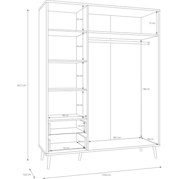 Forte HARLLSON Kleiderschrank 150 160, Mid-Century-Modern Stil, leichte Montage Dank EasyKlix by Forte, 3-türig, 2 Schubladen, Holzwerkstoff, Weiß, 154,2 cm breit x 201,7 cm hoch x 52,2 cm tief – Bild 7