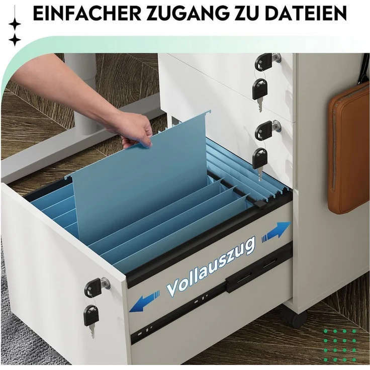 DEVAISE Rollcontainer Mobiler Aktenschrank mit 3 Schubladen, (Druckertisch für DIN A4/Legal/Letter), 3 Schlüssel, Schreibtisch Unterschrank für Büro und Home Office – Bild 3
