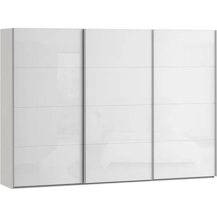 Forte SOPHISTISPACE Kleiderschrank 300, moderner Schwebetürenschrank, 3-türig, Einlegeböden, Kleiderstangen, Holzwerkstoff, Weiß/Weiß Glanz, 299,8 cm breit x 210,5 cm hoch x 62,9 cm tief